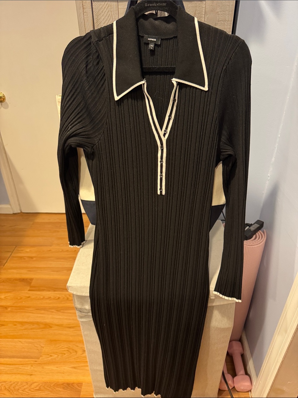Express Black Ribbed Polo Dress with Ivory Trim